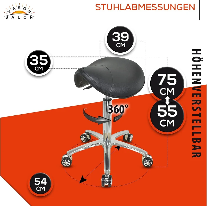 VAKON SALON - Ergonomischer Sattelhocker auf Rollen, höhenverstellbar von 55-75 cm - Drehhocker, Rol