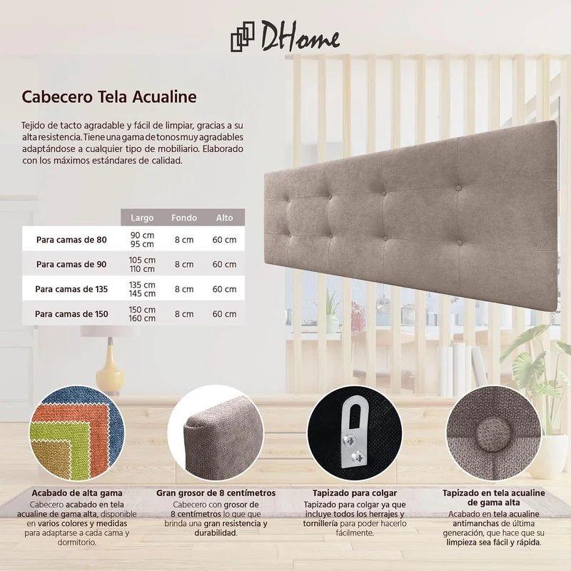 DHOME Kopfteil, gepolstertes Bett Kopfteil 8cm dick. Gepolstertes Kopfteil ACUALINE Stoff und Kunstl