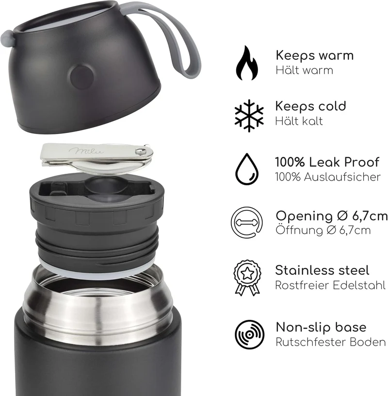 Milu® Thermobehälter 450, 650ml, 800ml | Edelstahl Warmhaltebehälter | Essensbehälter | Speisegefäss