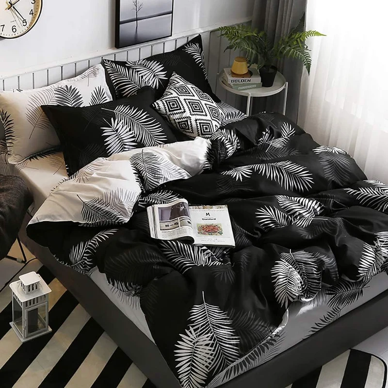 Omela 4teilig Bettwäsche 135x200 Schwarz Weiss Wendebettwäsche Palmenblätter Muster Bettbezug Weich