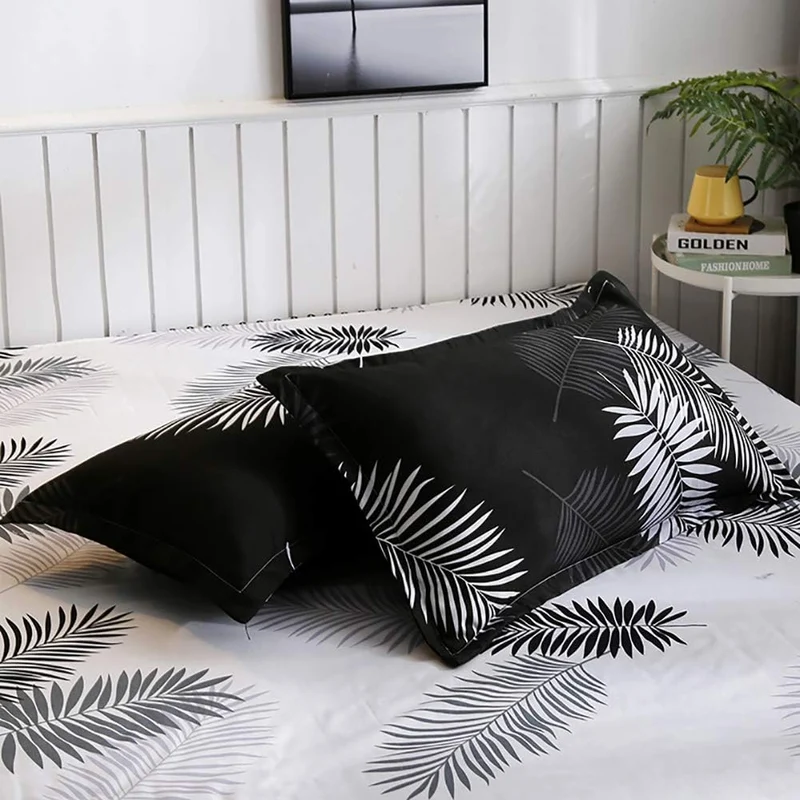 Omela 4teilig Bettwäsche 135x200 Schwarz Weiss Wendebettwäsche Palmenblätter Muster Bettbezug Weich