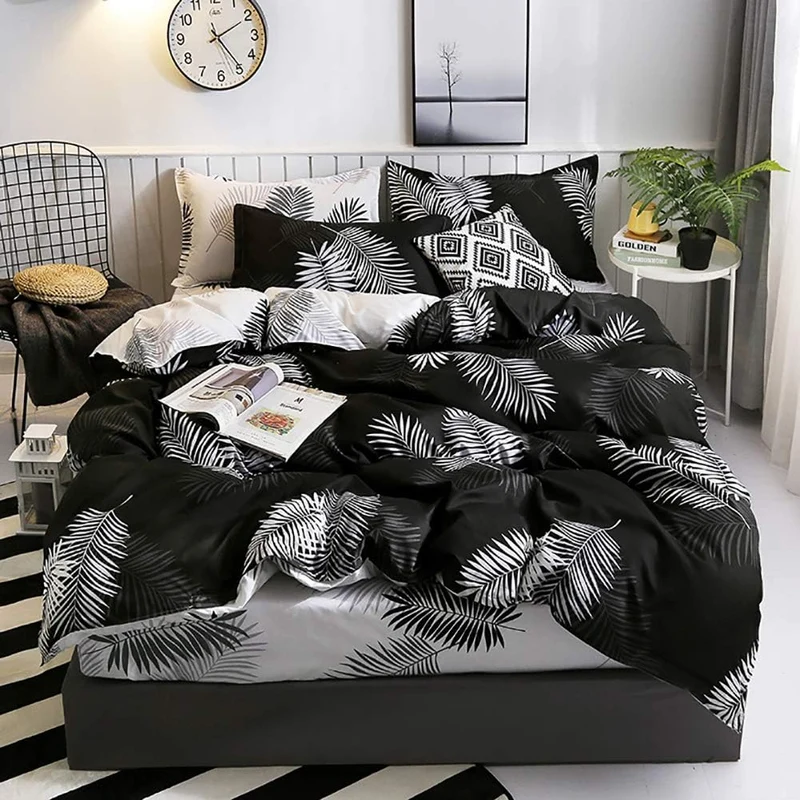 Omela Bettwäsche 200x200 Schwarz Weiss Wendebettwäsche Palmenblätter Muster Bettbezug 3 Teilig Micro