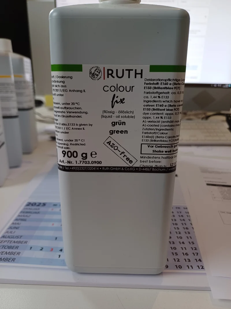 Lebensmittelfarbstoff - GRÜN - flüssig, fettlöslig, fettdispergierbar, Brilliantblau FCF, Beta-Carotin E160 (E160a,E133),900g, AZO Frei,