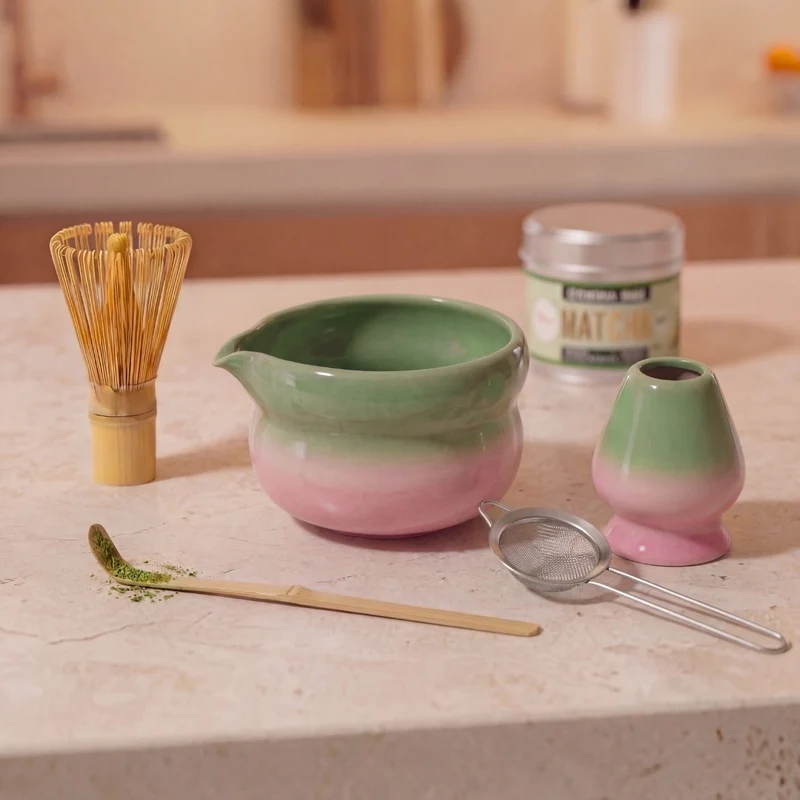 Kikis Matcha Set green-rose - Chasen, Sieb, Schale, Halter & Löffel