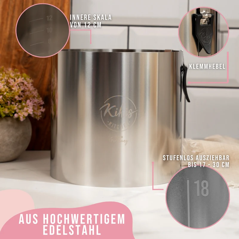 Kikis Tortenring XL mit Klemmhebel & Skala - Höhe 15cm