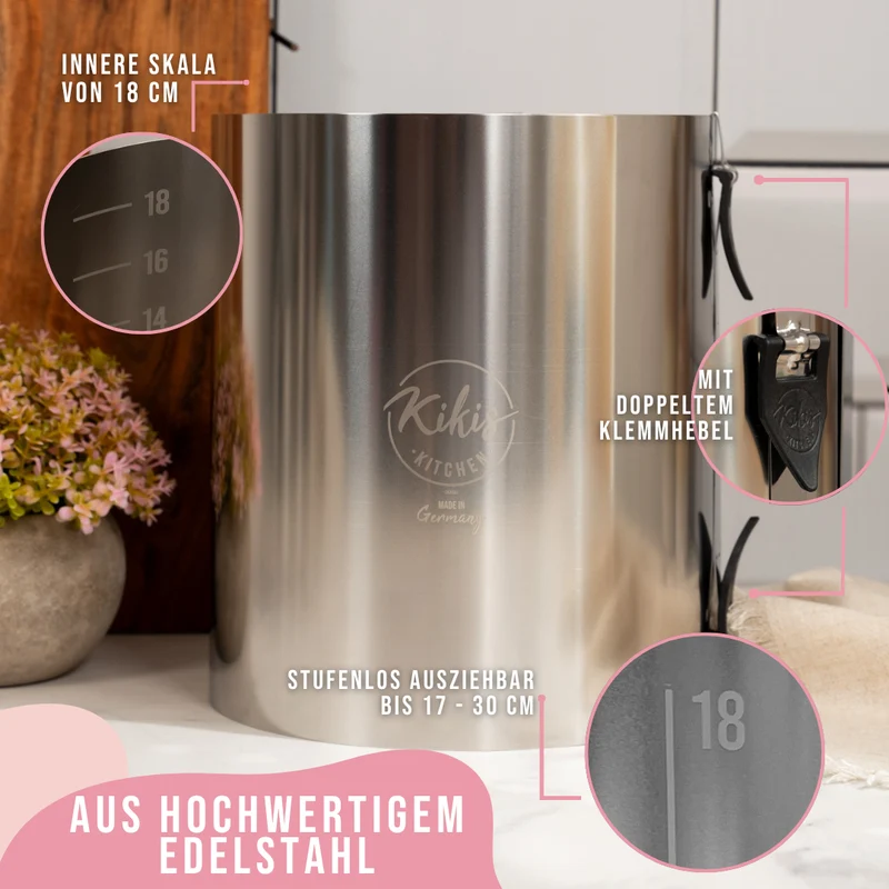 Kikis Tortenring XXL mit zwei Klemmhebel & Skala - Höhe 20cm